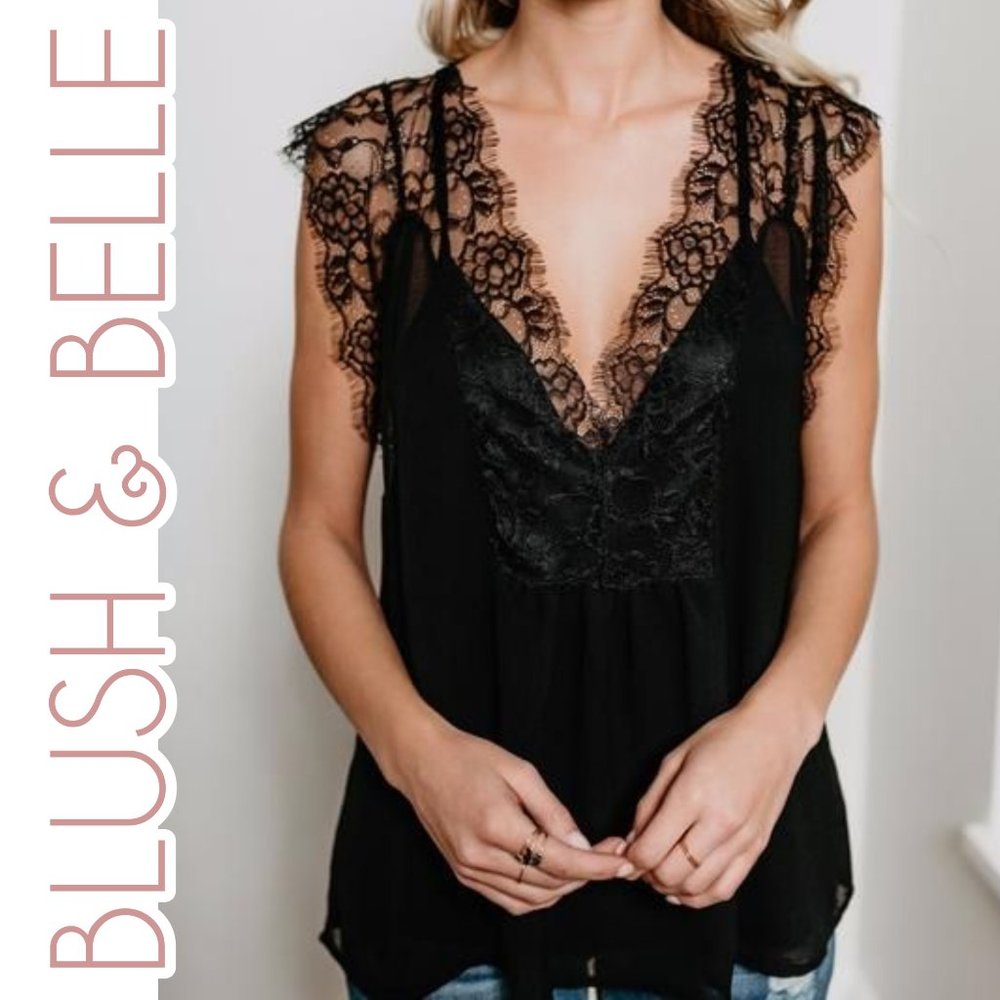 LOVELY IN LACE Black Layered V-Neck Sleeveless Top